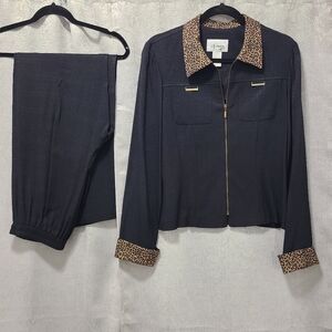 DJ Summers Vintage 2 Piece Pant Suit‎ Size 8 Leopard Print Collar VTG 🔥